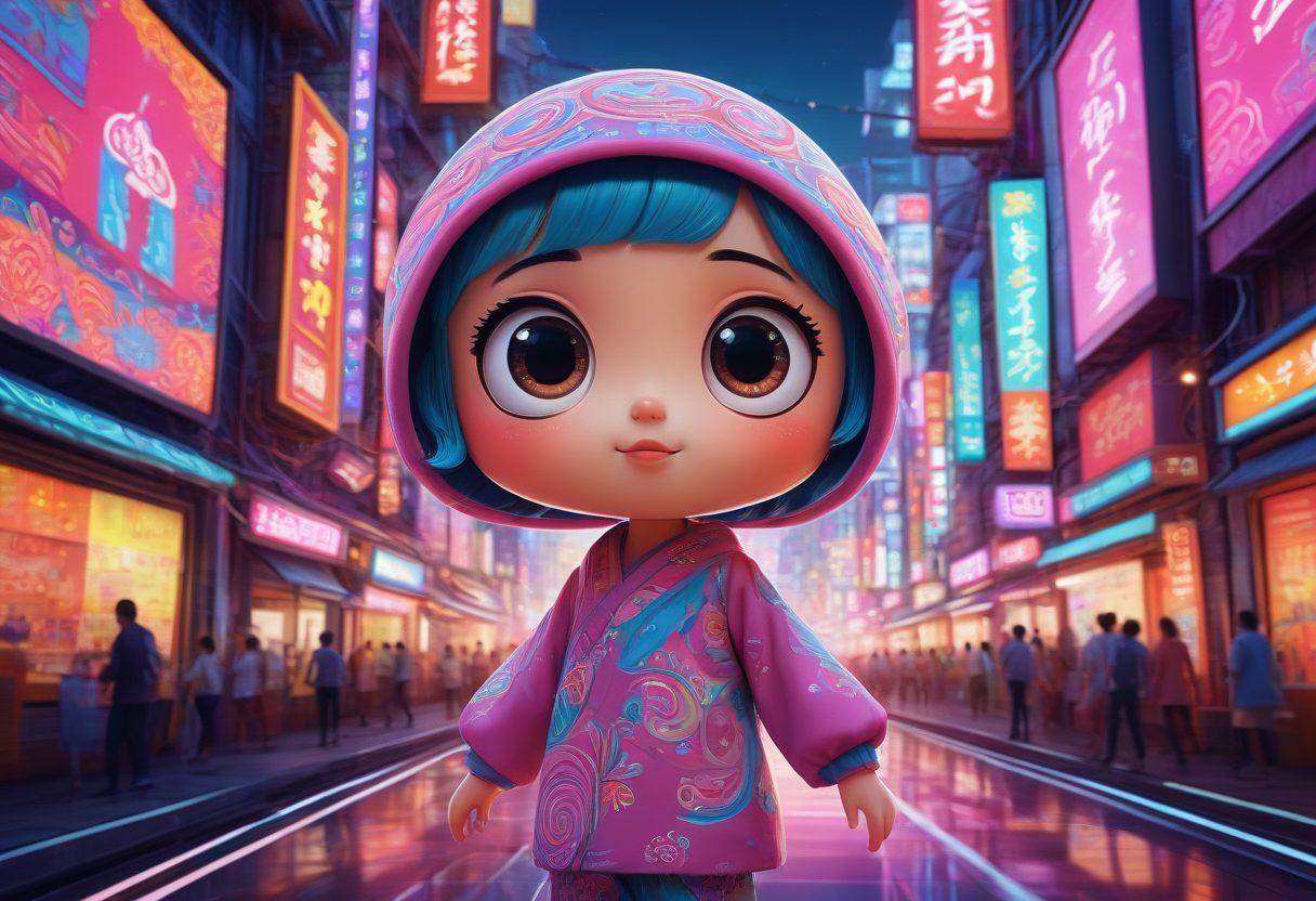 A whimsical digital illustration featuring a kawaii anime character immersed in a vibrant cyber landscape, surrounded by glowing screens and colorful data streams, depicting elements of Indonesian culture like traditional motifs blended with modern technology. The scene should evoke a playful yet insightful vibe, with soft pastel colors and a dreamy atmosphere. super-realistic. vibrant colors. 3D.