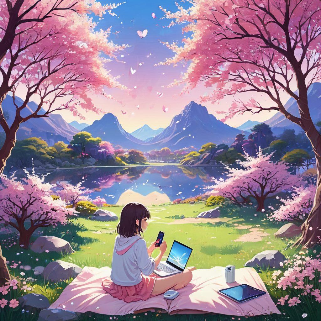 A whimsical illustration showcasing a colorful, playful landscape filled with cute anime characters intertwined with digital devices like smartphones and laptops. The characters are expressing joy and curiosity, surrounded by elements of both eroticism and innocence, such as bright sakura blossoms and glowing pixel hearts. The background features a blend of vibrant pastel colors and a dreamlike atmosphere. kawaii style, vibrant colors, fantasy art.